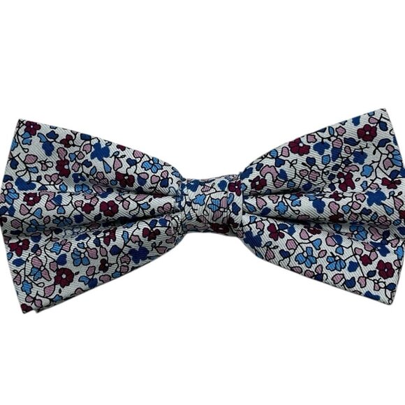 TIE RACK Men's 100% Silk LUXURY Bow Tie Ivory Blue Burgundy Floral W:2.1" EUC